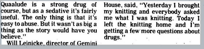 Newspaper clipping from the Daily Illini printed on February 22, 1973, about knitting and quaaludes.