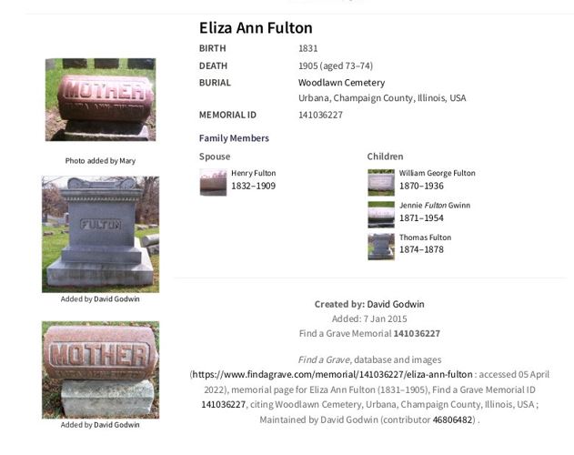 Screenshot from the Find a Grave website's page for Eliza Fulton.