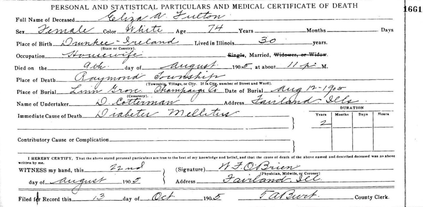Death record of Eliza A. Fulton