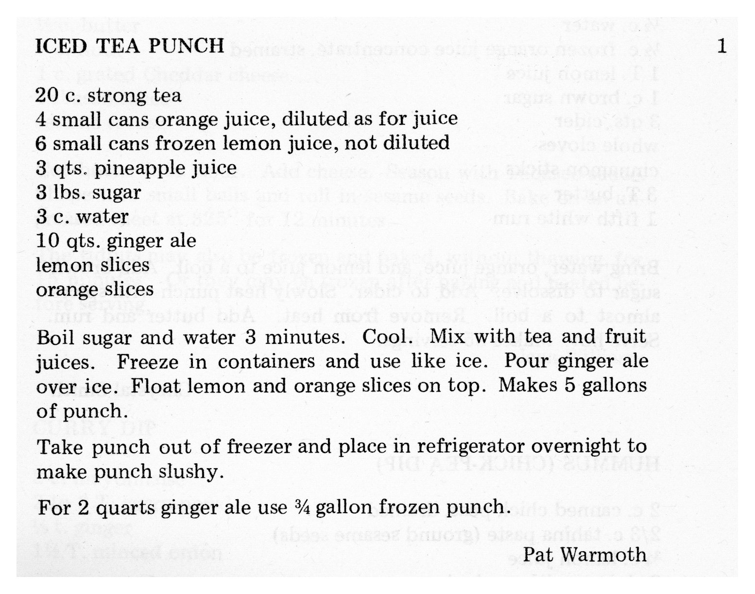Scan of a recipe for iced tea punch, submitted to the cookbook by Pat Warmoth.