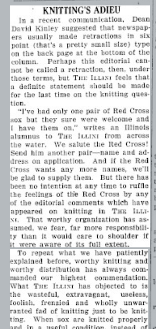 Newspaper article printed in the January 24, 1918 edition of the Daily Illini titled, "Knitting's Adieu." The article is a response to the previous week's article about Red Cross knitted items being sent to soldiers.