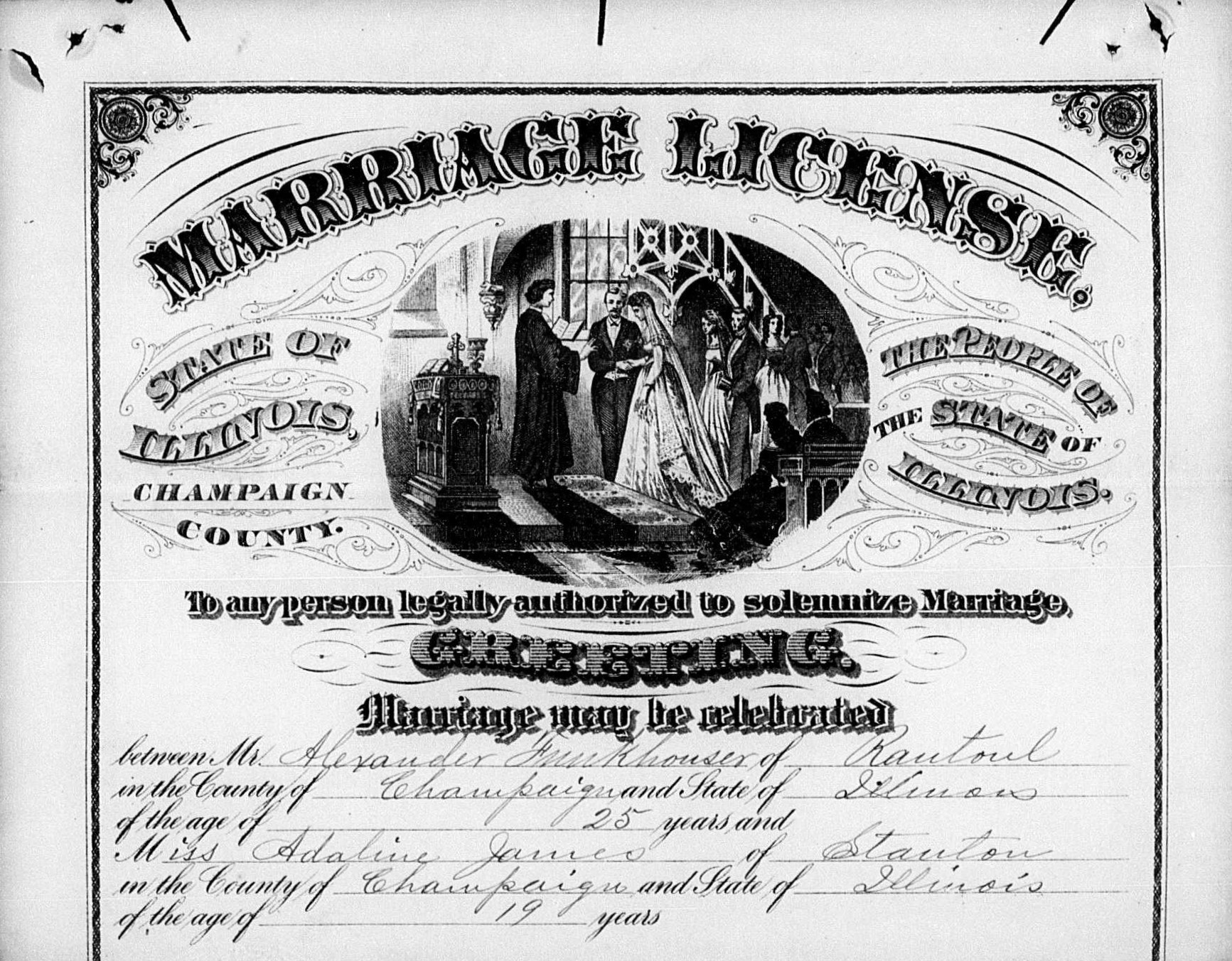 Marriage license between Alexander Funkhouser and Adaline James, issued January 26, 1875