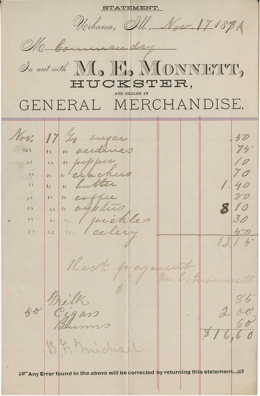 Receipt from the M.E. Monnett general merchandise store.