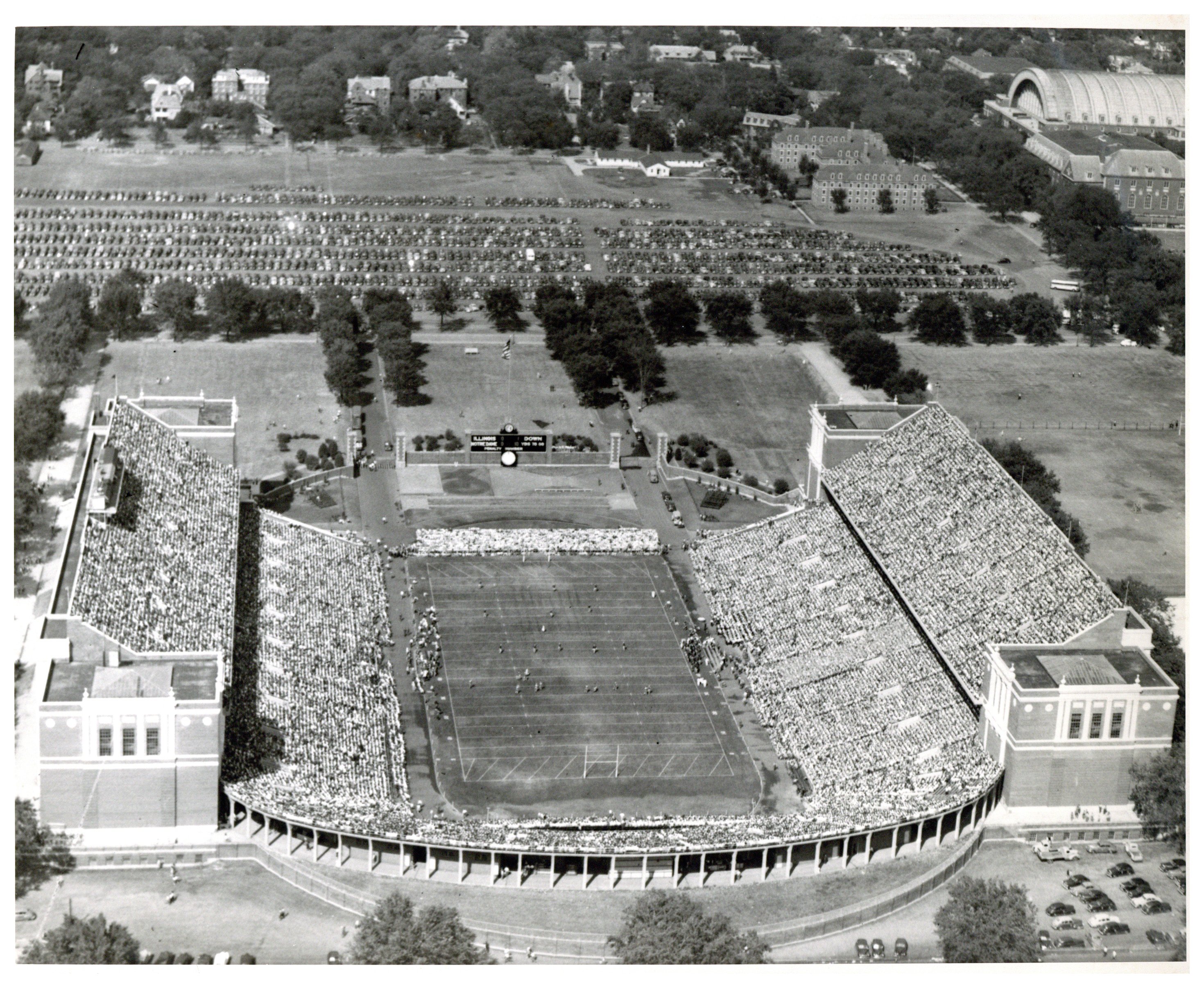 Black and white aerial photograph of Memorial Stadium during a game against Notre Dame on September 28, 1946.