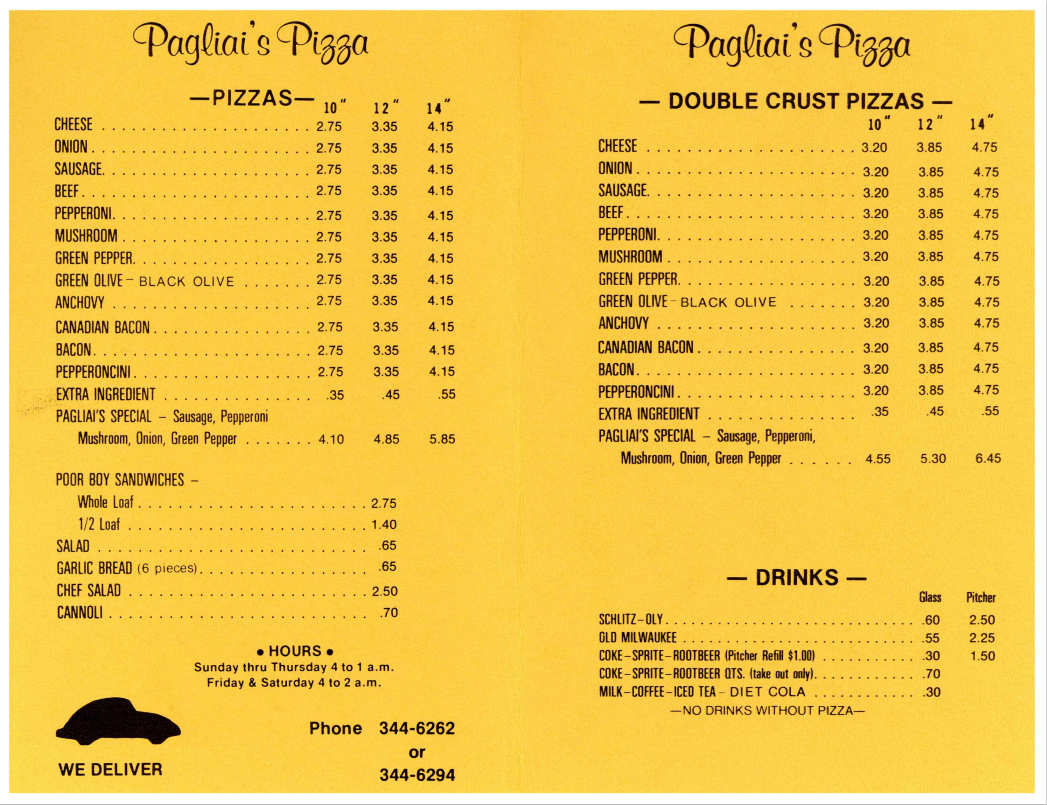 Inside image of the Pagliai's Pizza menu.