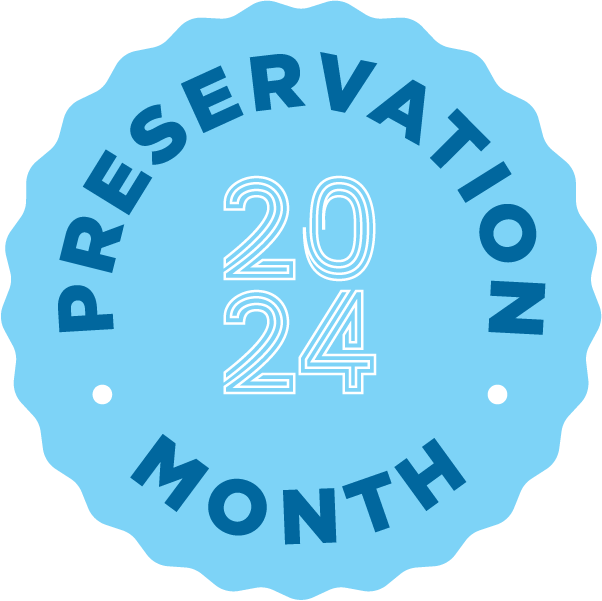 Blue logo with the text, Preservation Month 2024