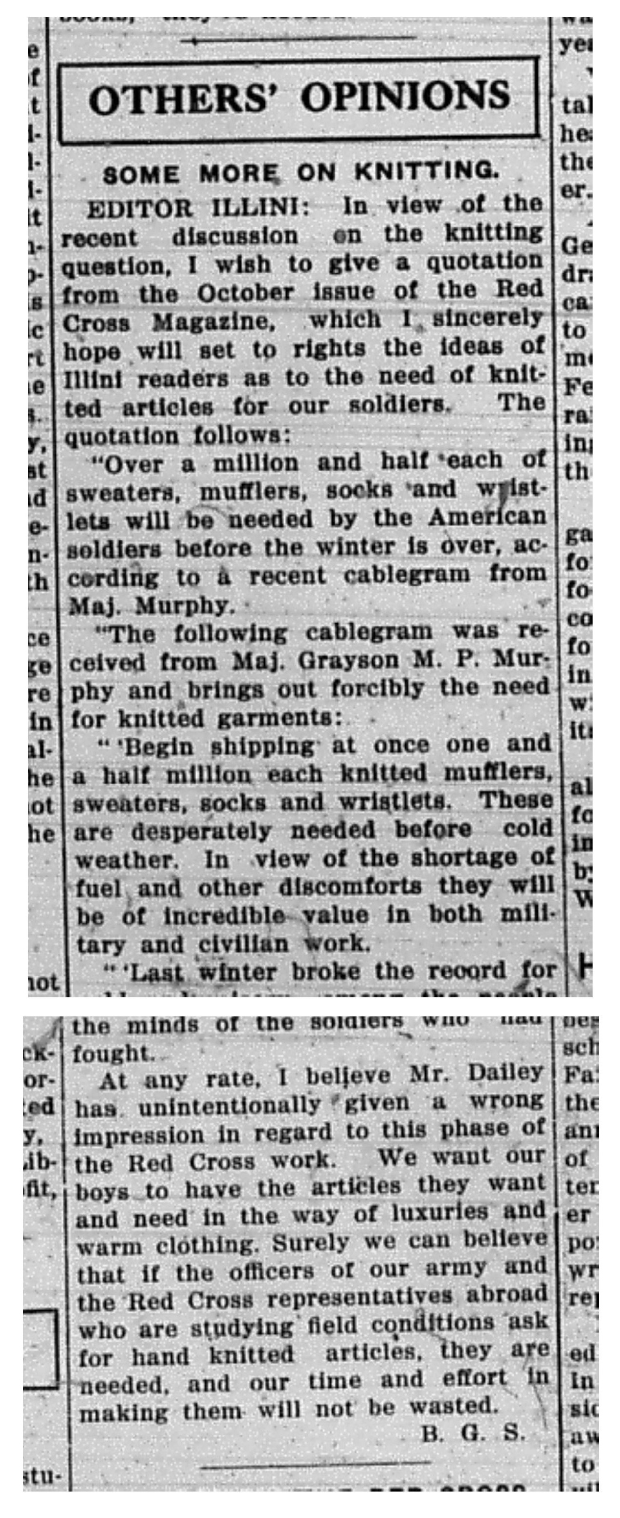 A letter to the editor printed in the Daily Illini printed on October 17, 1917 titled, "Other's Opinions." In it, it discussed the importance of knitting items to send to soldiers.