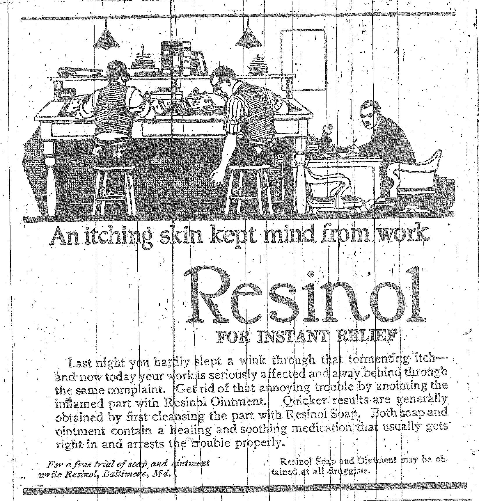 Newspaper ad for resinol itch relief ointment.