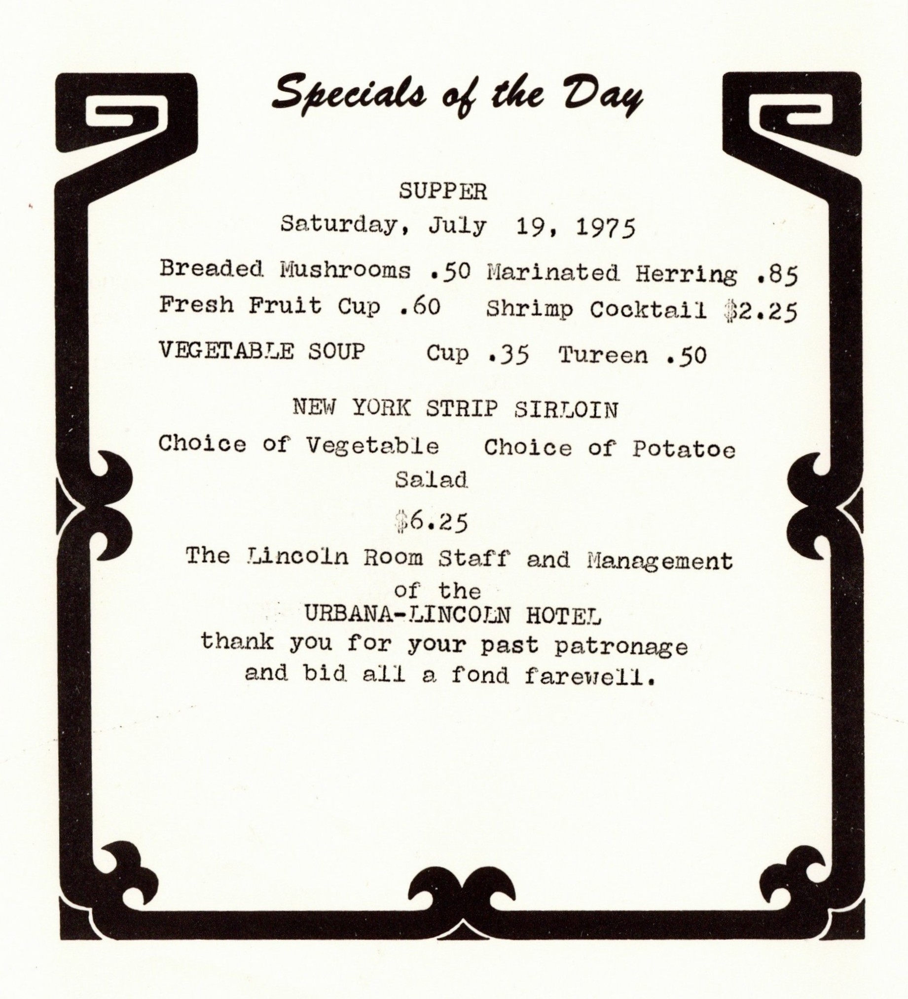 Menu of the Urbana Lincoln Dining Room's last evening of service.