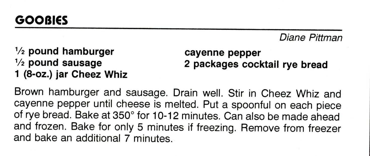 Recipe for "goobies" from the Wiley Elementary PTA cookbook.