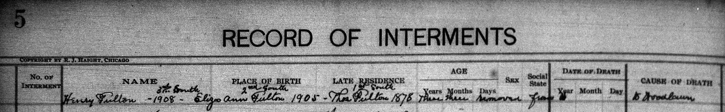 Woodlawns Internment Record Book #1, showing the Fultons burial places.