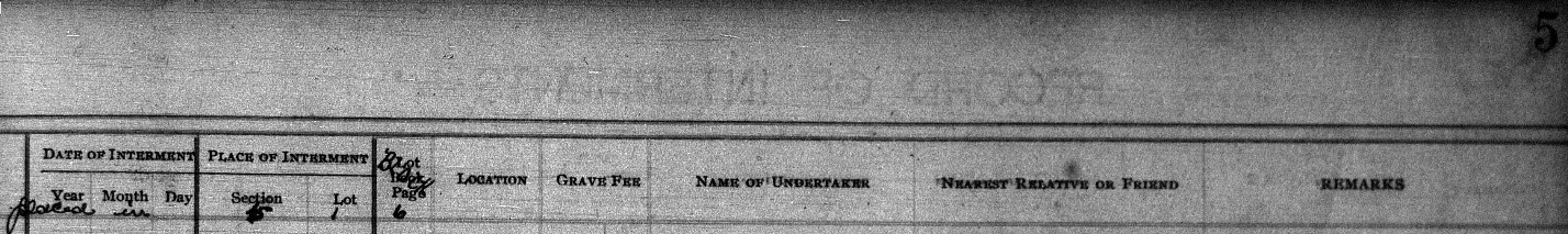 Woodlawns Internment Record Book #1, showing the Fultons' burial places.