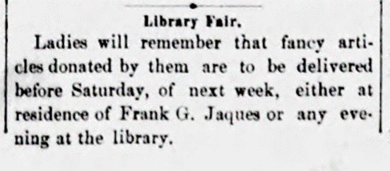 Newspaper notice soliciting donations for Library Fair to support The Urbana Free Library published in Champaign County Herald, December 10, 1879