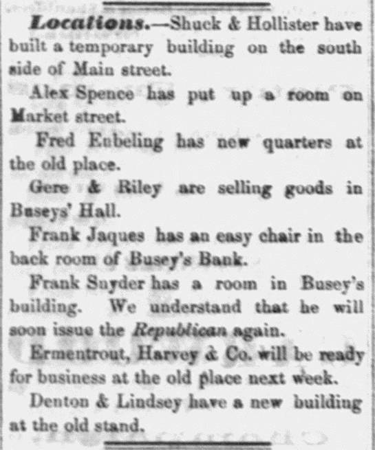 Newspaper column “Locations” updating the public on business changes in the area published in the Champaign County Gazette on October 18, 1871. 