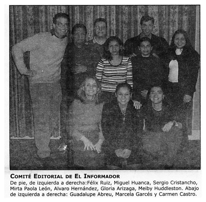 A black and white image of a photograph of the editorial committee of El Informador printed in El Informador newspaper. They have their arms around each other and is smiling at the camera. The caption at the bottom reads, "Comite Editorial De El Informador."