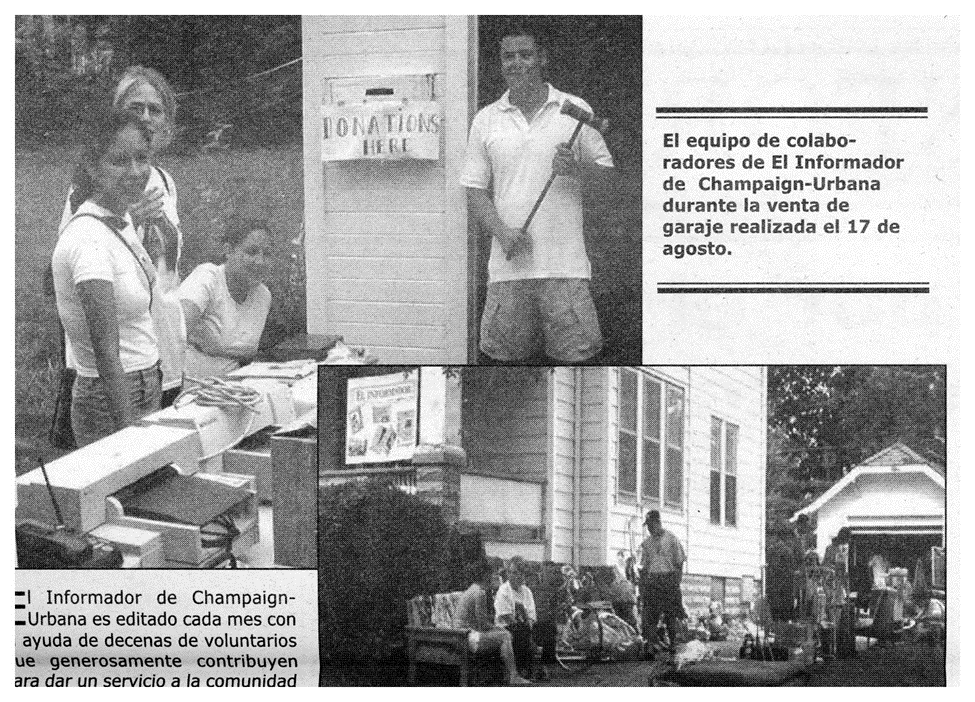 A black and white image of photographs printed in El Informador showing volunteers working at the garage sale to support the paper.