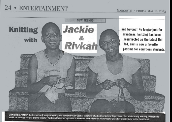 Newspaper image of University Laboratory High School students knitting.