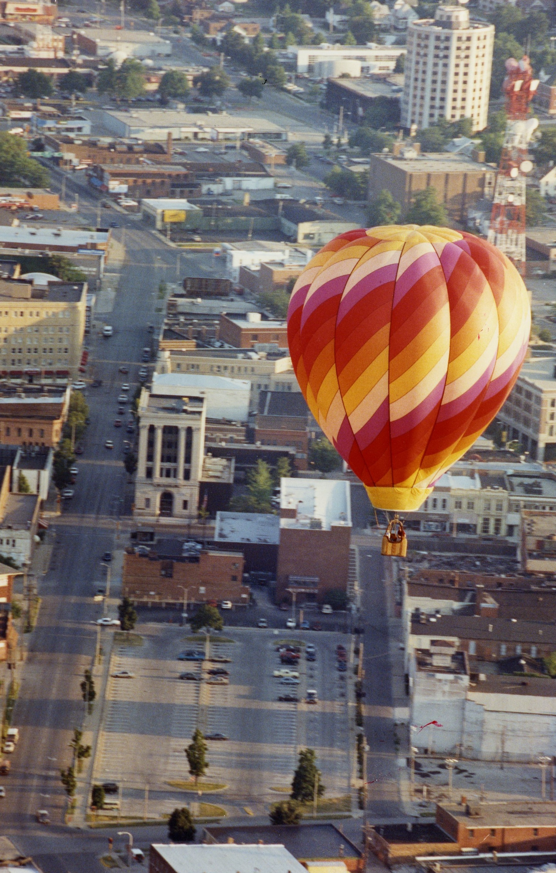 Hot Air Balloon looking south over downtown Champaign, early 1990s.  