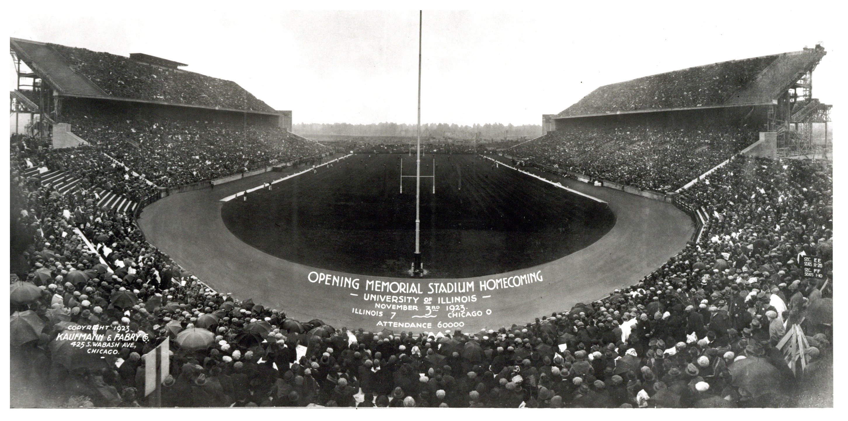 View from the stands of a packed Memorial Stadium on opening day, November 3, 1923.