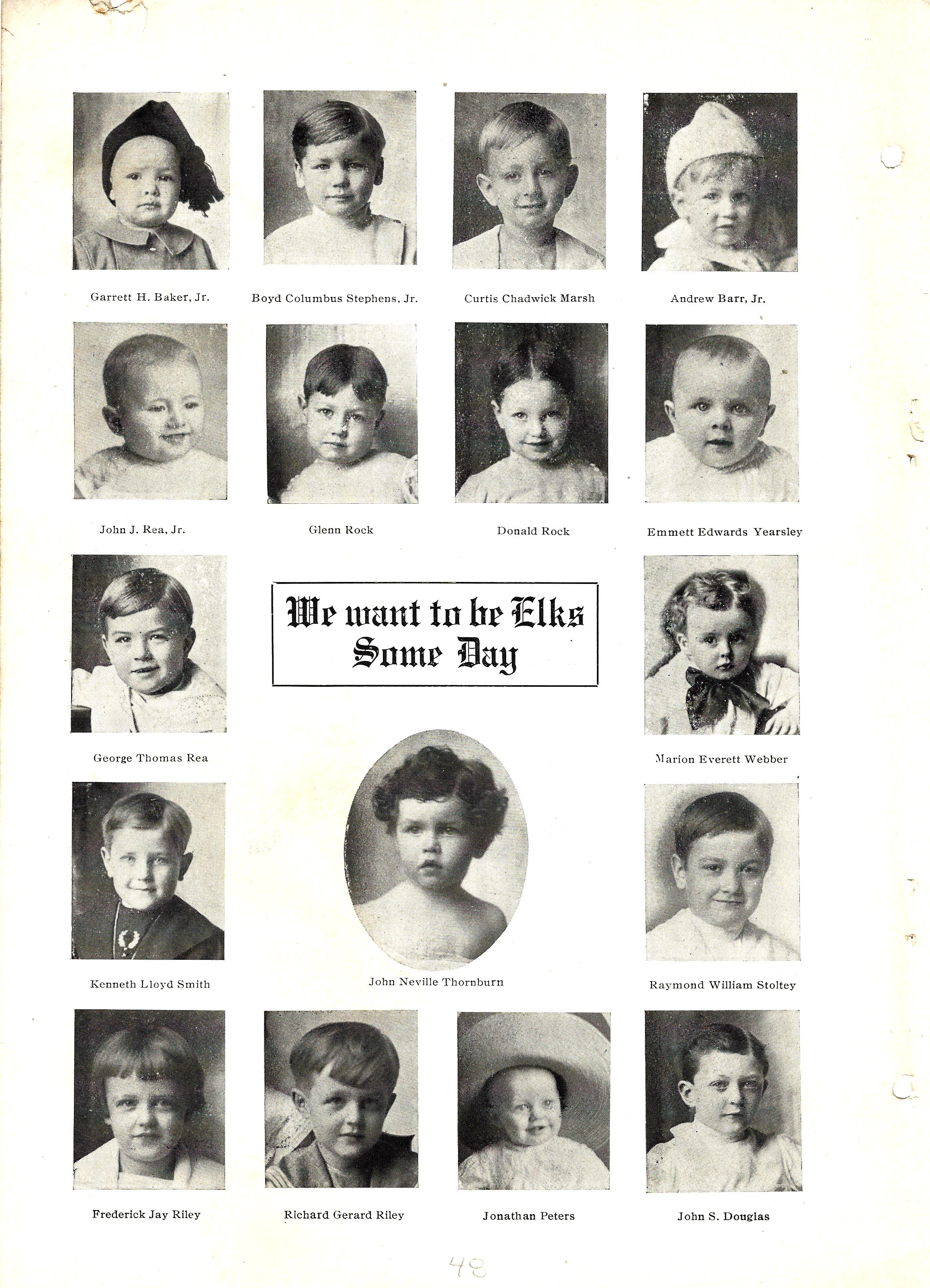 P. 48 from the booklet pictures children's photos and describes them as future Elks.