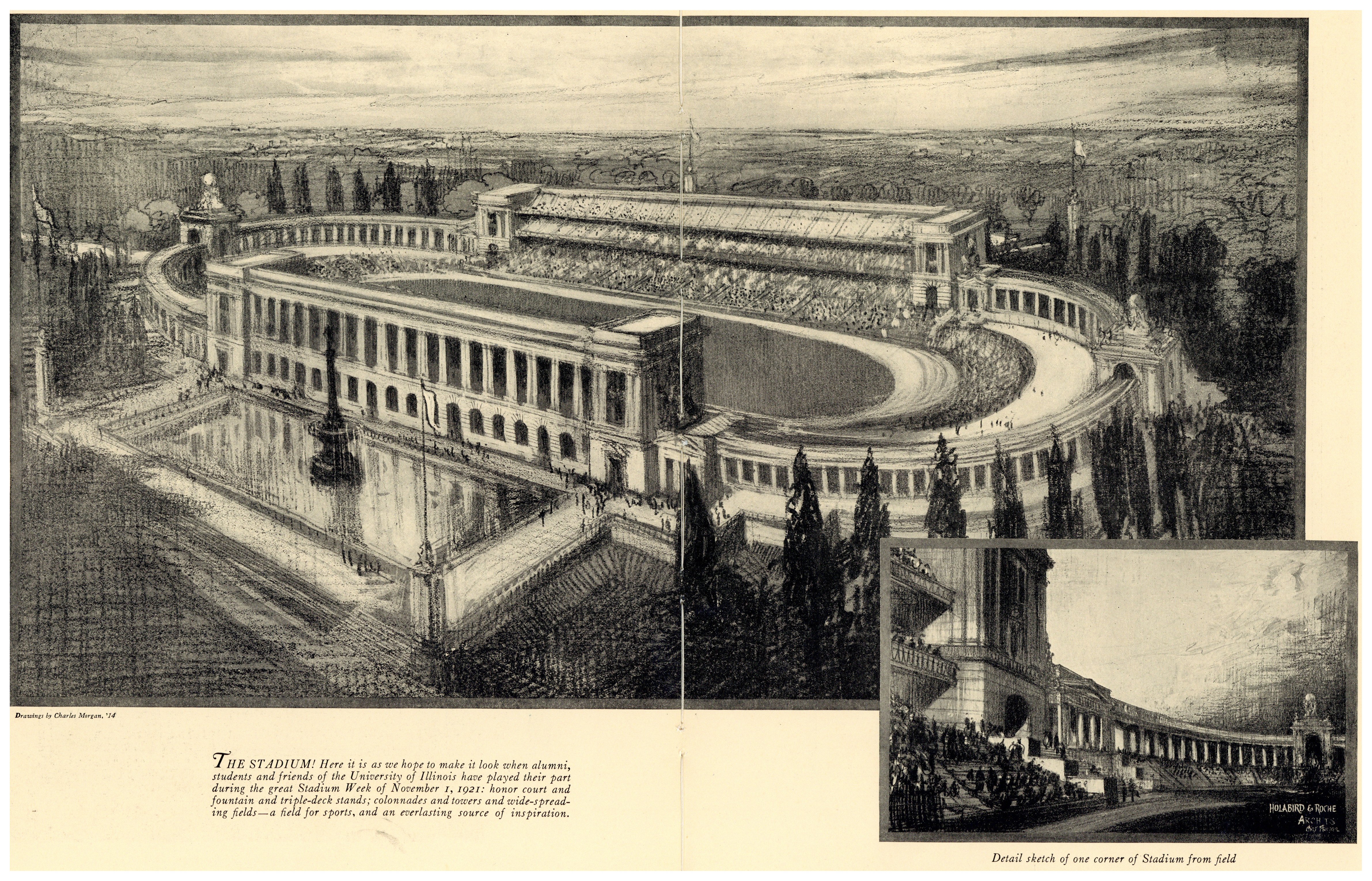 Black and white aerial view of an artist's rendering of memorial stadium.