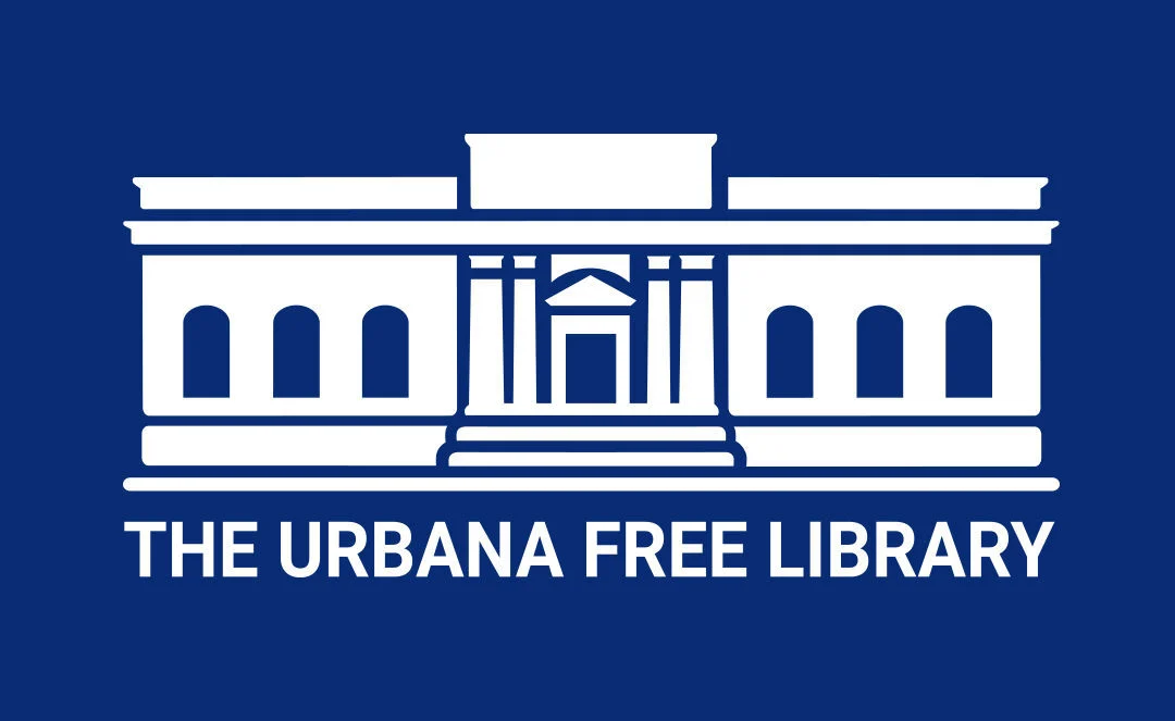 The Urbana Free Library written underneath a simplified drawing of the Library building