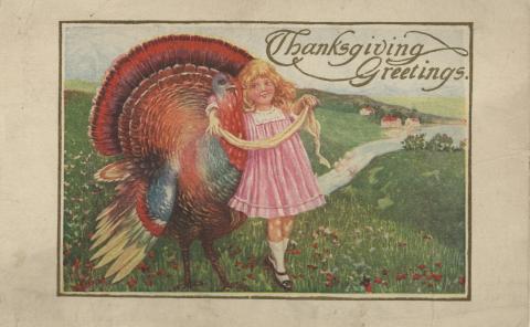 Thanksgiving postcard postmarked 1926 featuring a pastoral scene of a young girl with a turkey 