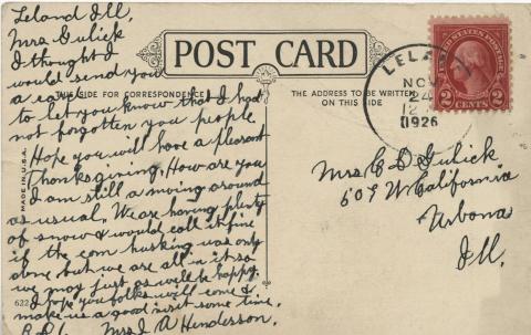 Verso of postcard postmarked 1926 offering Thanksgiving wishes.  