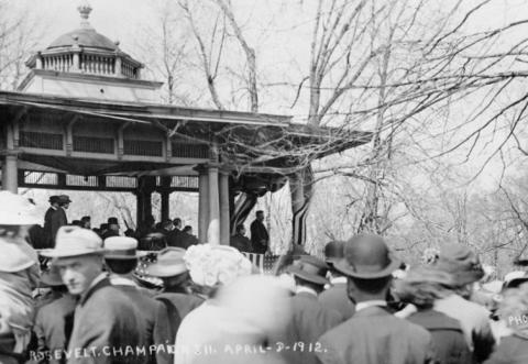 Theodore Roosevelt delivers campaign speech at West Side Park, Champaign, April 8, 1912