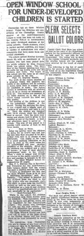 Open window school for under-developed children is started, News-Gazette 28 March 1920 pg.1