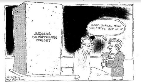 In this editorial cartoon from The Daily Illini, a representation of the Senate Student Association (on the right) asks UIUC’s interim chancellor Morton Weir (left) to clarify the new nondiscrimination policy. The Daily Illini, September 21, 1987, page 17.