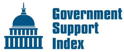 Government Support Index in bold font with simplified graphic of the top of the US capitol building to the left. All dark blue.