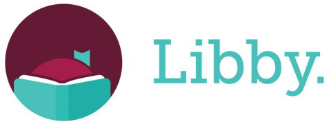 Libby written in teal font. The logo to the left is a maroon circle with the image of the top of someone's head popping up behind an open book