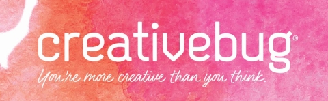 creativebug in lowercase font with the phrase you're more creative than you think below. The background is orange and pink watercolor
