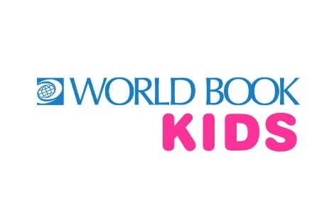 World Book in blue font with Kids written below in pink