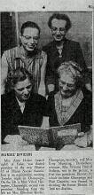 Nurses’ Officers. Miss Alma Heiser (seated right) of Fisher, was elected president of the new District 15 of Illinois Nurses Association at an organization meeting Tuesday night in Champaign. On the left is Miss Velma Herington, Champaign, second vice president. Standing from the left are Mrs. Elbertine Kirtley, Champaign, secretary, and Miss Erna Munning, Thomsboro, treasurer. Mrs. Winona Holl of Sadorus, not in the picture, is first vice president. District 15, which includes Champaign and Piat Counties, 