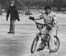 Kids skating and biking on Crystal Lake, 1978