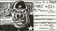 A satirical drawing of a police officer, depicted as a literal pig, accusing the periodical of being communist propaganda. The illustration doubles a subscription card for anyone interested in receiving a copy of the magazine. Vol.2 No. 8 of A Four-Year Bummer 