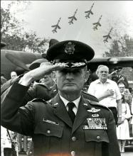 Robertson Send-Off: General Robertson saluting at Chanute after he stepped down from Commander of Chanute Technical Training Center in 1979.